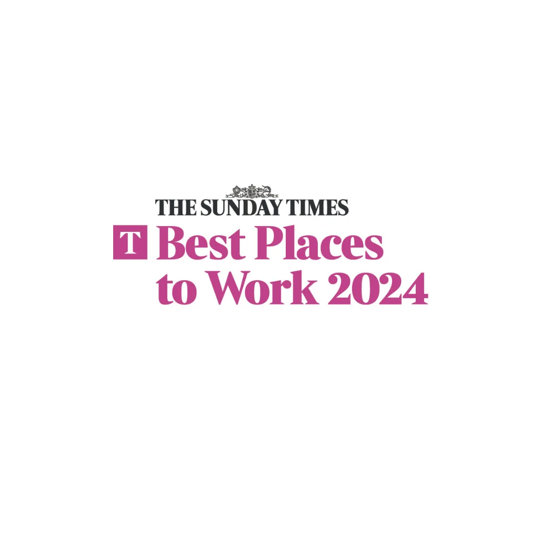 Sunday times logo with the words best places to work, written in pink