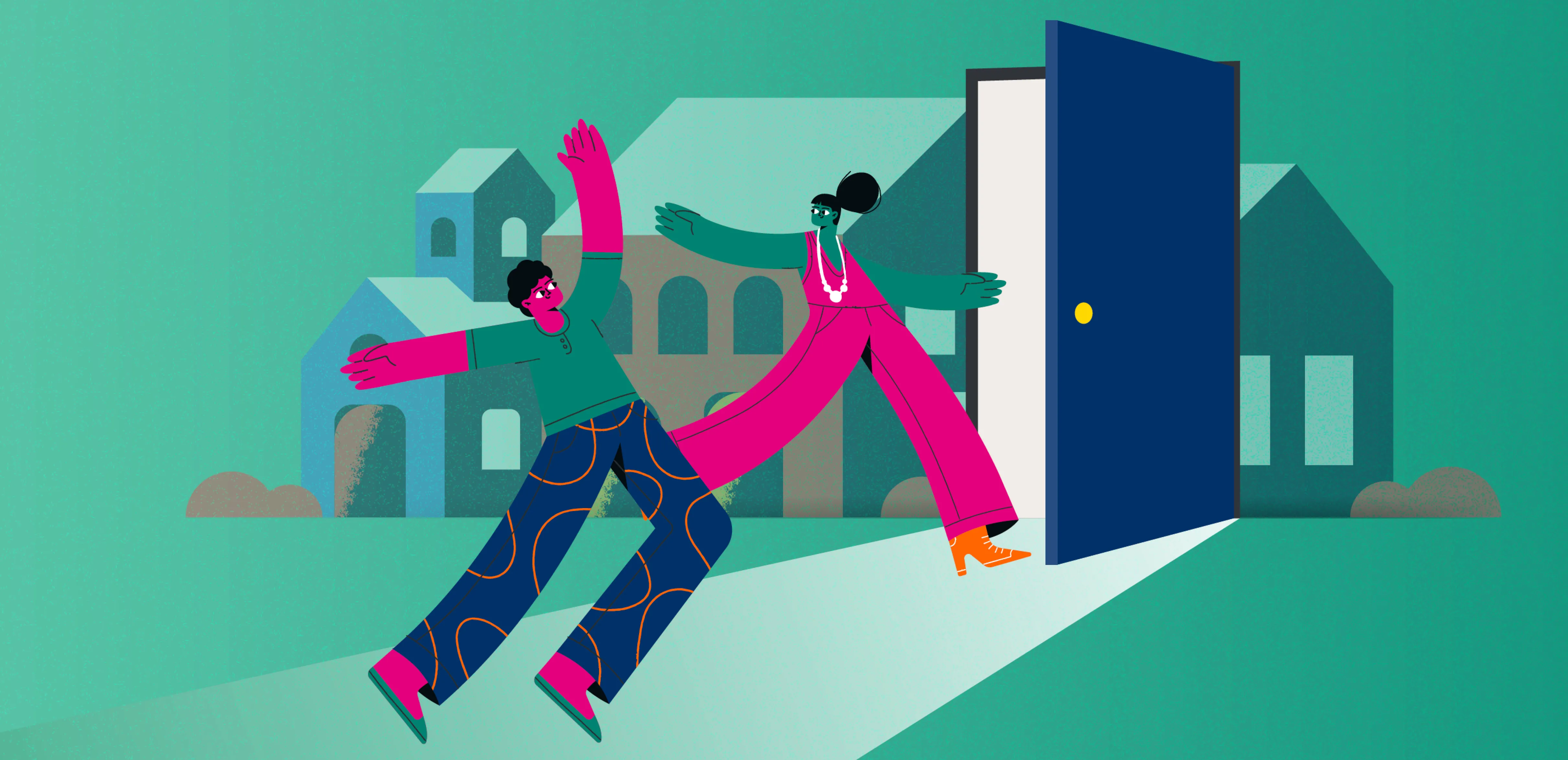 generic image of graphics showing two energetic people going in a door