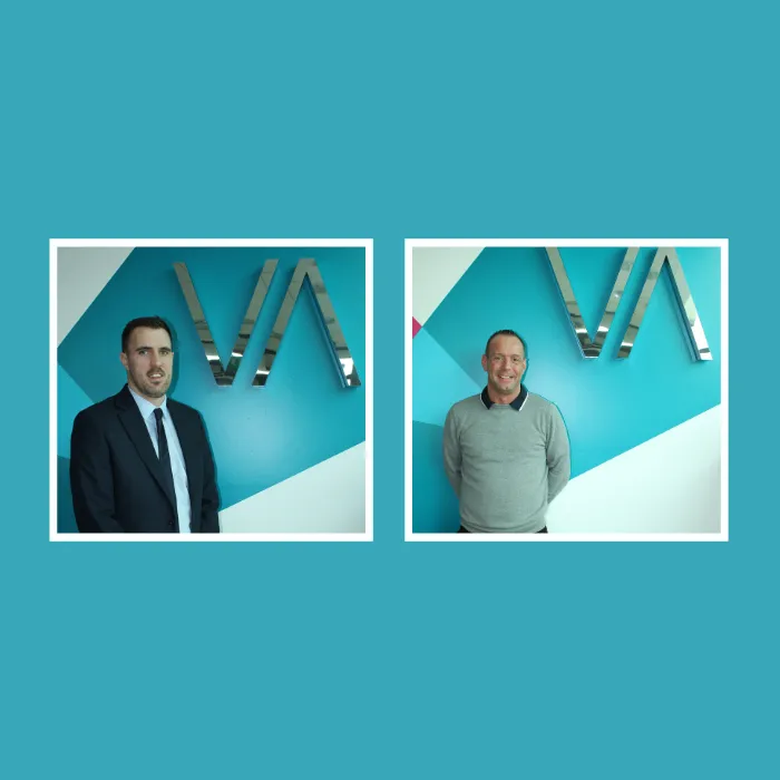 two caucasian males, one young, one middle aged, both brunette, against a teal background with the clyde valley group branding