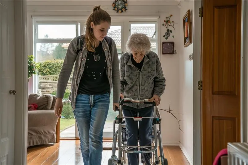 Carer assisting elderly woman with mobility